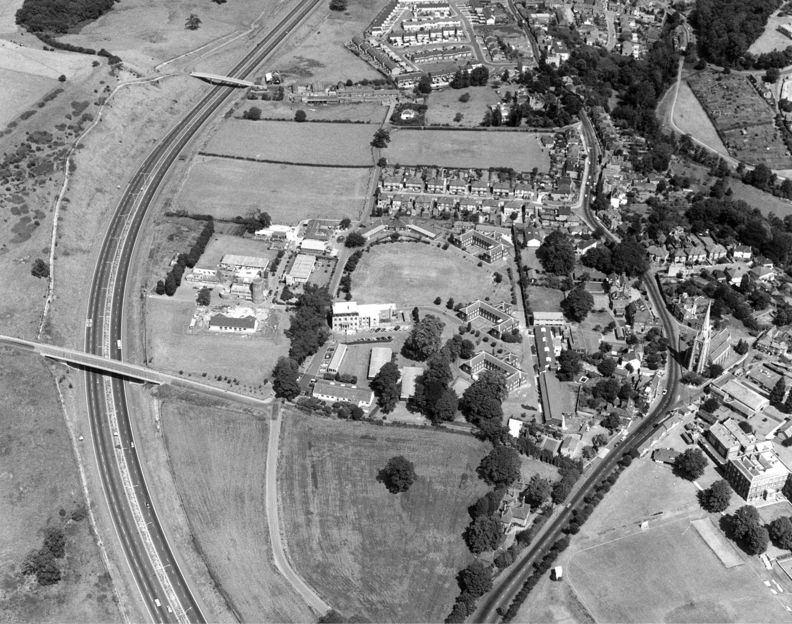 1976 black and white aerial picture of West Side, Purdown Hospital, Stoke Park Colony