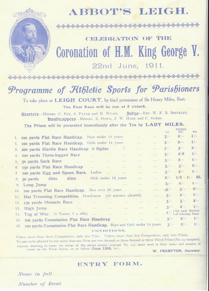 Leigh Court sports day programme, to host H.M. King George V