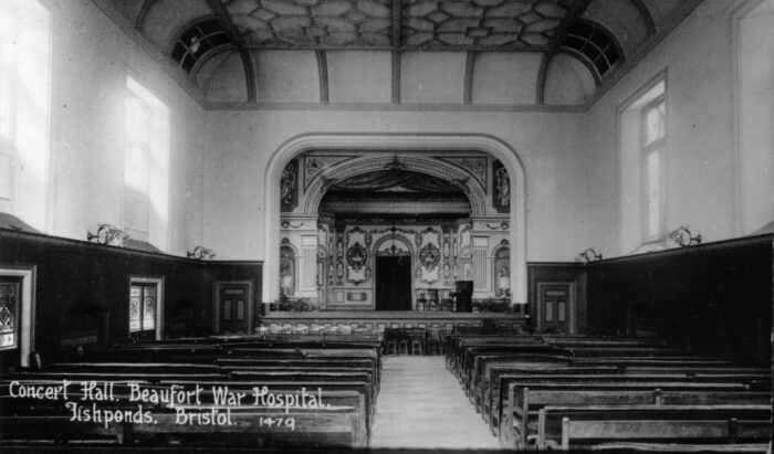 The decorative architecture of the cinema hall at Beaufort War Hospital, originally Bristol Lunatic Asylum and later Glenside Hospital