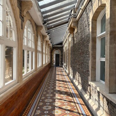 A decorative Victorian encaustic tile corridor at UWE Glenside