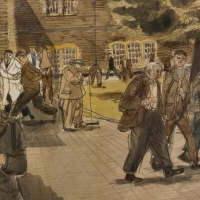 Denis Reed drawing painting artwork of patients taking a walk in the grounds of Glenside Hospital with a doctor or psychiatrist accompanying