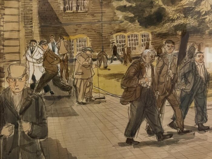 Denis Reed drawing painting artwork of patients taking a walk in the grounds of Glenside Hospital with a doctor or psychiatrist accompanying