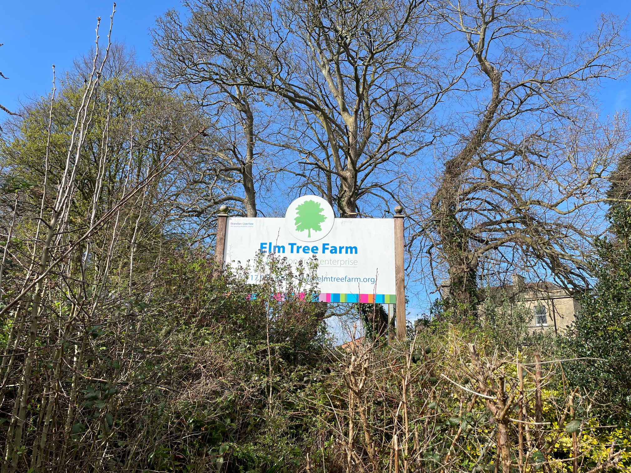 Elm Tree Farm sign in Stapleton Village, among trees