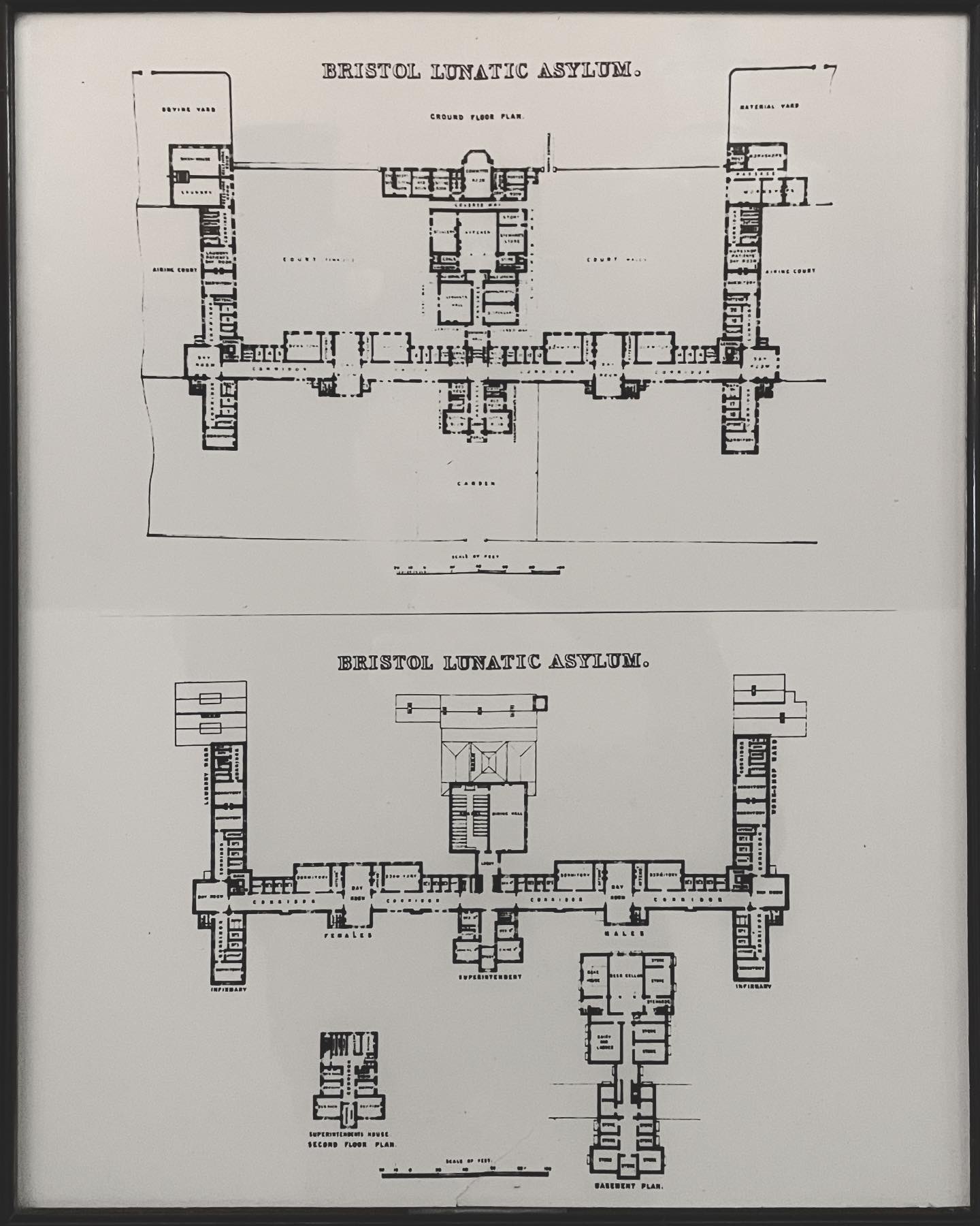 Floor plan of Bristol Lunatic Asylum, architectural map drawing of wards and buildings