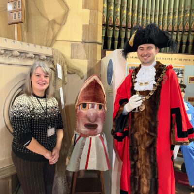 Lord Mayor at What Brings me Joy art exhibition launch at Glenside Hospital Museum in Fishponds with Punchead artwork and artist Caroline Watson
