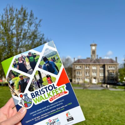 Glenside Hospital clock tower, a listed building shown alongside Bristol Walk Fest free brochure programme of events during 1st - 31st May 2026