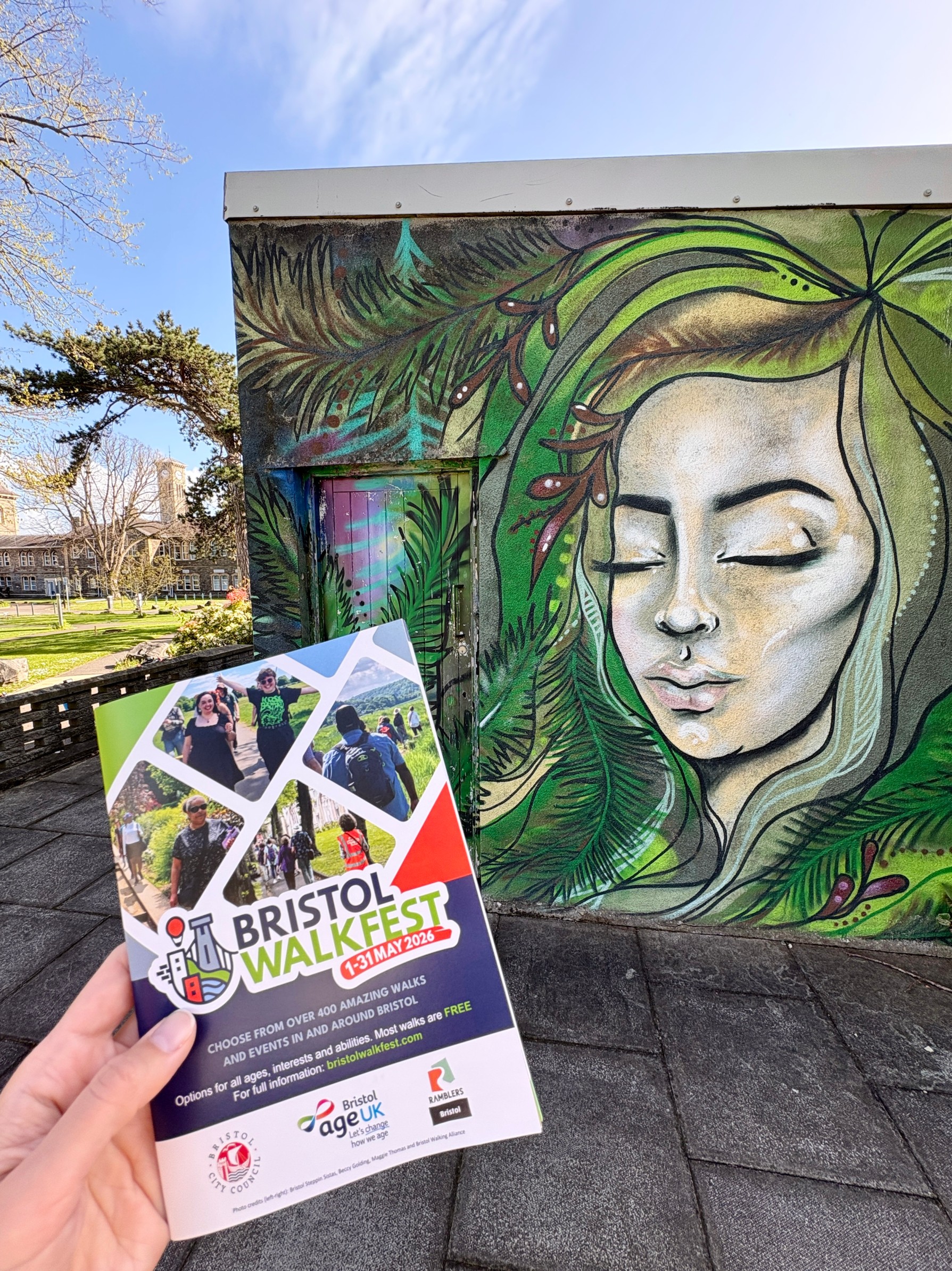 A leaflet for a free walking trail in Fishponds, Bristol during Bristol Walk Fest, graffiti covered building at former Glenside Hospital