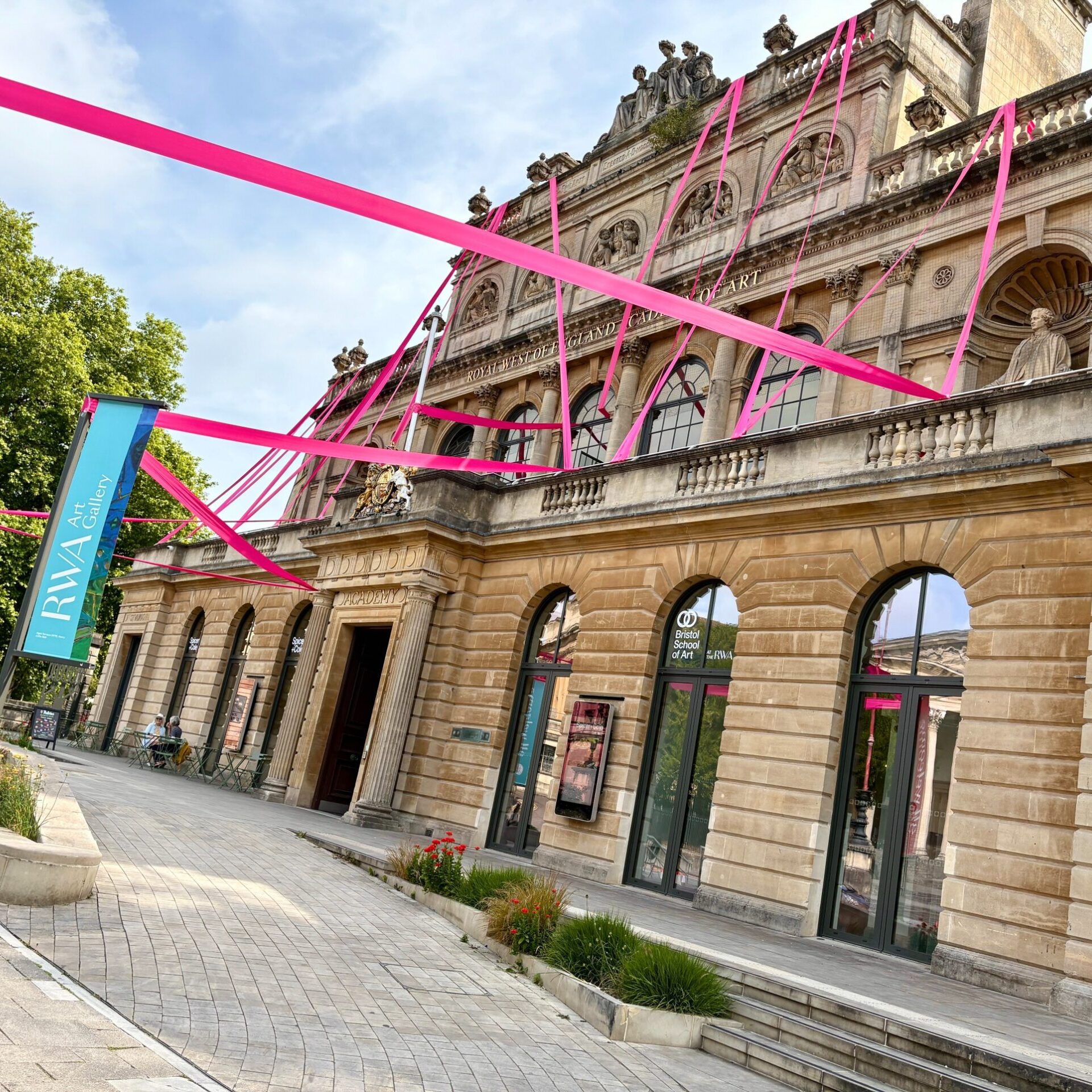 RWA Bristol art gallery in Clifton, with a big pink ribbon on the building by artist Luke Jerram