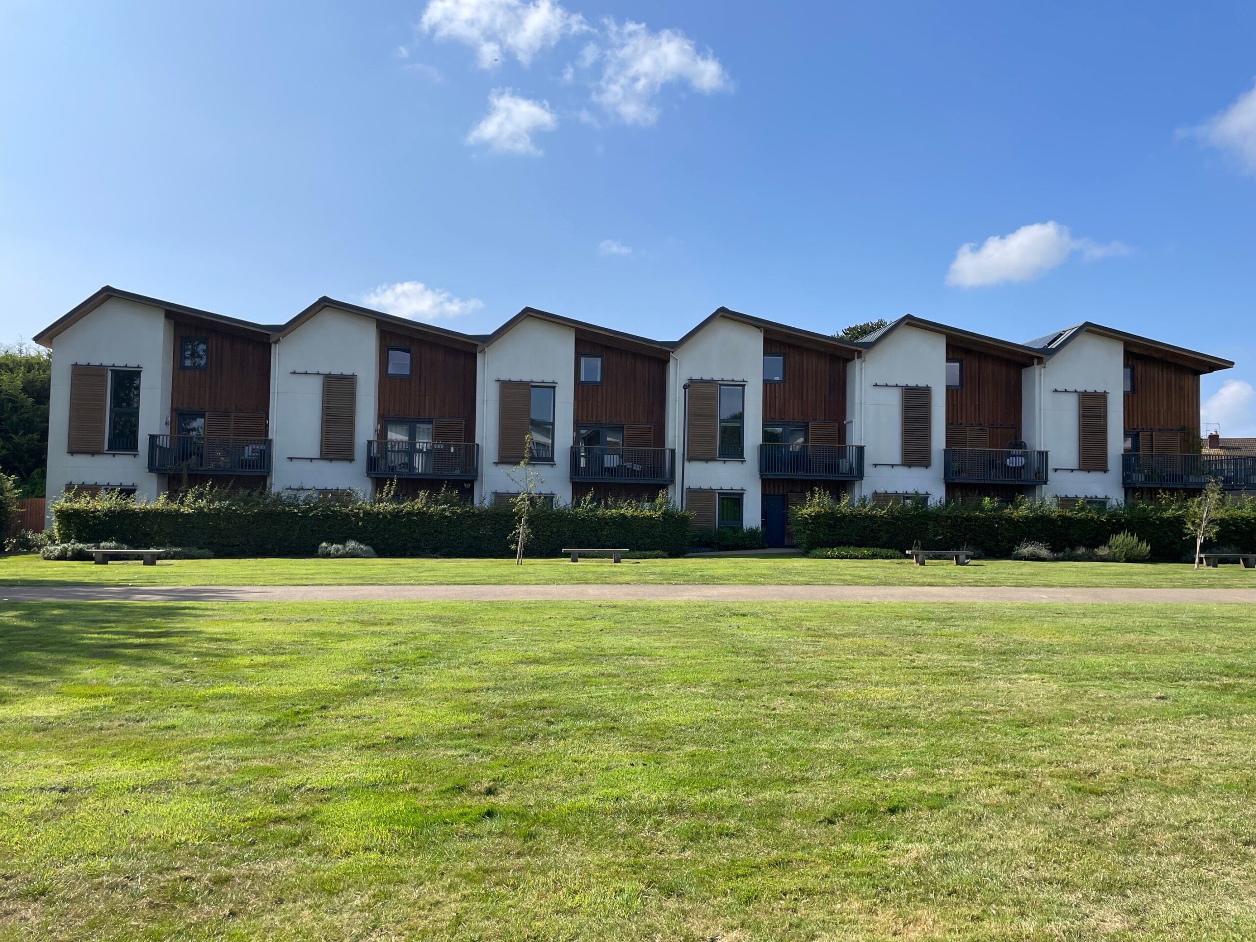 Hanham Hall eco houses with grass in front