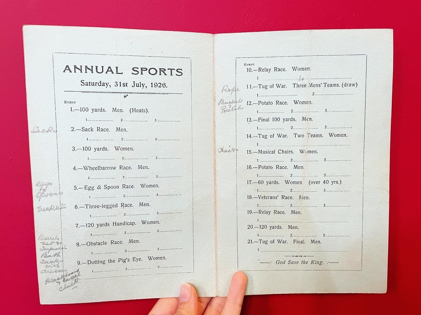 Annual sports programme at Bristol Lunatic Asylum, including 100 yards, sack race, wheelbarrow, egg and spoon, three legged, handicap, obstacle, dotting the pig's eye, relay, tug of war, potato race, musical chairs, veterans